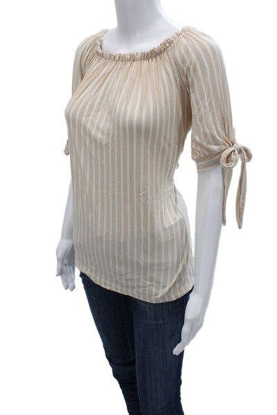 Aquavita Women Beige Striped Bohemian Tie Closure 3/4 Sleeve Blouse Size S
