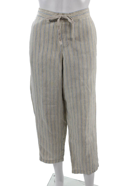 J Jill Women Cropped Linen Striped Drawstring Pants Beige Petites Size L