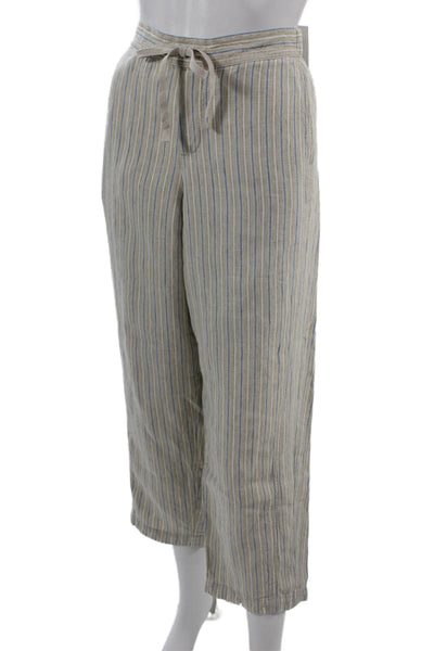 J Jill Women Cropped Linen Striped Drawstring Pants Beige Petites Size L