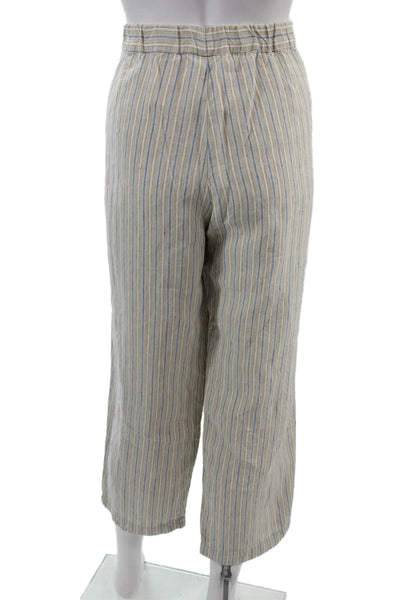 J Jill Women Cropped Linen Striped Drawstring Pants Beige Petites Size L