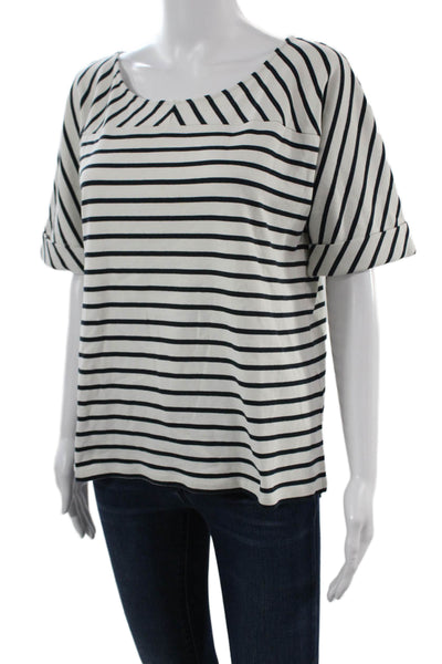 Jaeger Women Black Striped Jersey Basic T-Shirt Cotton Short Sleeve Size XL