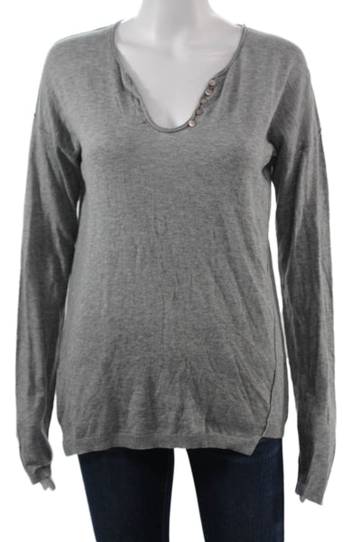 Zadig Women Gray V Neck Long Sleeve Button Cotton Blend Basic Top Size L