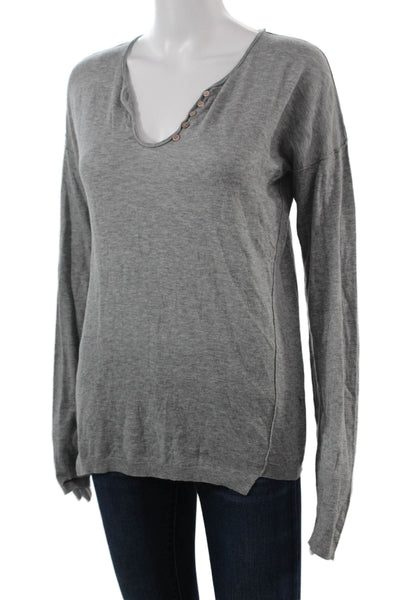 Zadig Women Gray V Neck Long Sleeve Button Cotton Blend Basic Top Size L