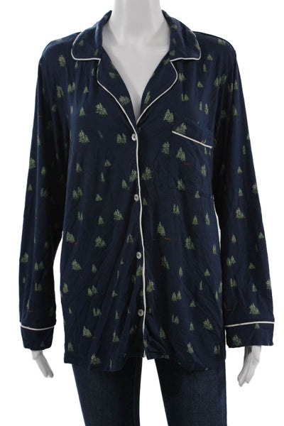 Eberjey Women Button Down V Neck Sleepwear Blue Pine Tree Print Size S