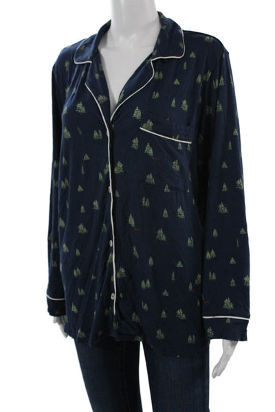 Eberjey Women Button Down V Neck Sleepwear Blue Pine Tree Print Size S