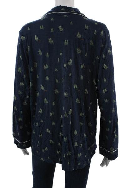 Eberjey Women Button Down V Neck Sleepwear Blue Pine Tree Print Size S