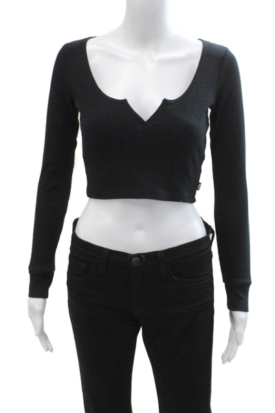 TNA Women Cropped V-Neck Button Long Sleeve Top Black 90s Fall Size XS