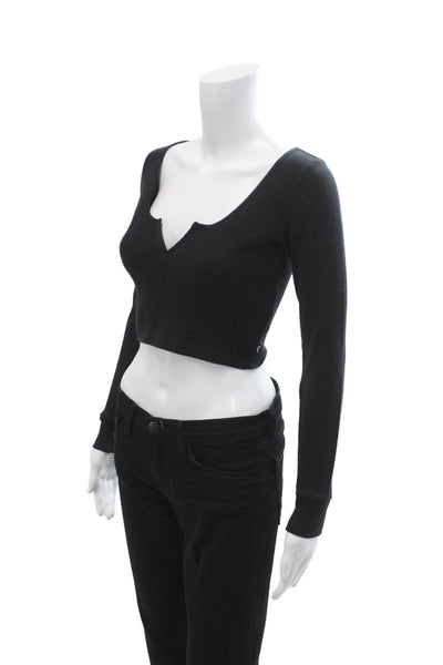 TNA Women Cropped V-Neck Button Long Sleeve Top Black 90s Fall Size XS