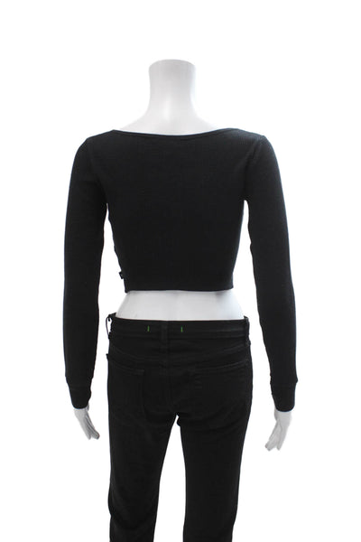 TNA Women Cropped V-Neck Button Long Sleeve Top Black 90s Fall Size XS