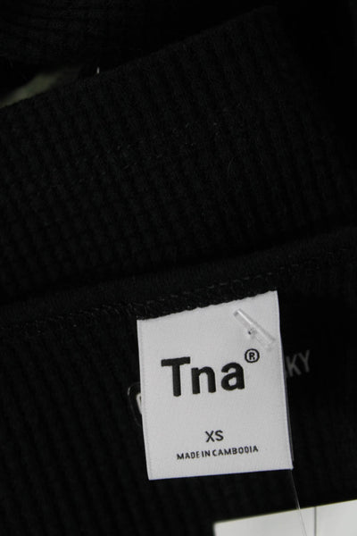 TNA Women Cropped V-Neck Button Long Sleeve Top Black 90s Fall Size XS