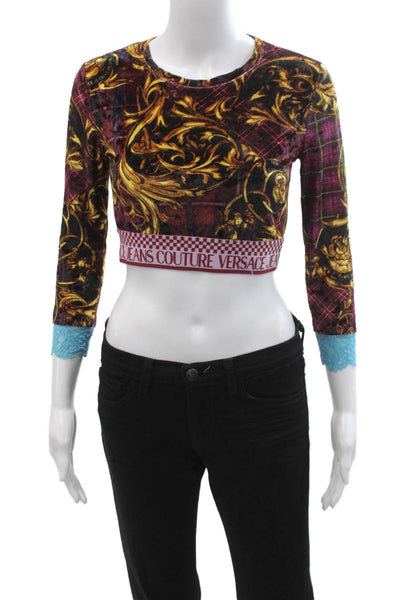 Versace Jeans Couture Women Black Cropped Top 3/4 Sleeve Crew Neck Size 4