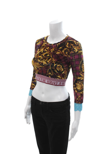 Versace Jeans Couture Women Black Cropped Top 3/4 Sleeve Crew Neck Size 4