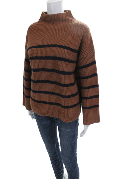 A.L.C. Unisex Striped 100% Merino Wool Mock Neck Pullover Sweater Brown Size XS