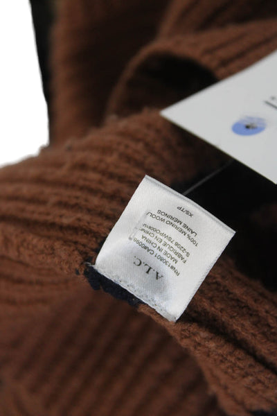 A.L.C. Unisex Striped 100% Merino Wool Mock Neck Pullover Sweater Brown Size XS