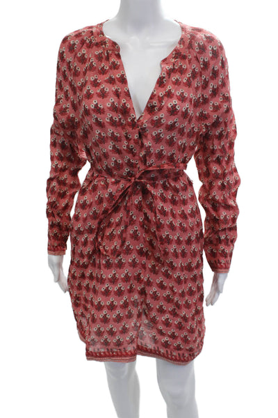 J Crew Womens Red Floral V-Neck Shirt Dress Long Sleeve Ramie Size S
