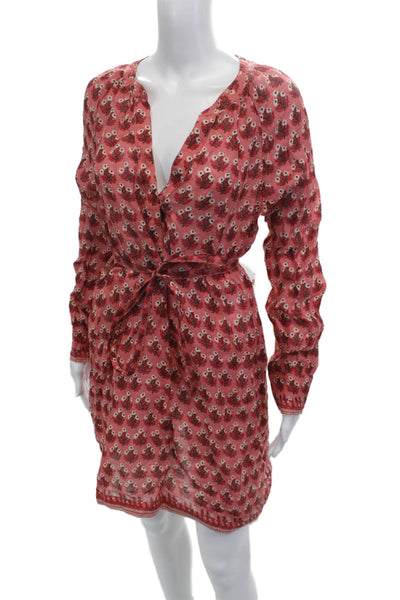 J Crew Womens Red Floral V-Neck Shirt Dress Long Sleeve Ramie Size S