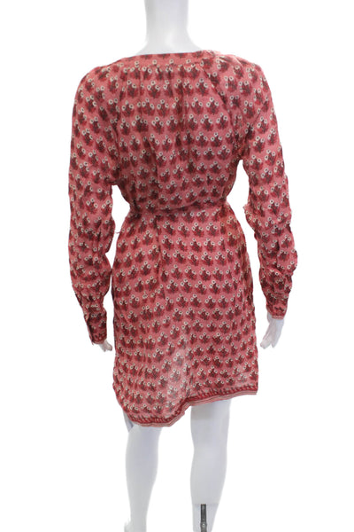 J Crew Womens Red Floral V-Neck Shirt Dress Long Sleeve Ramie Size S