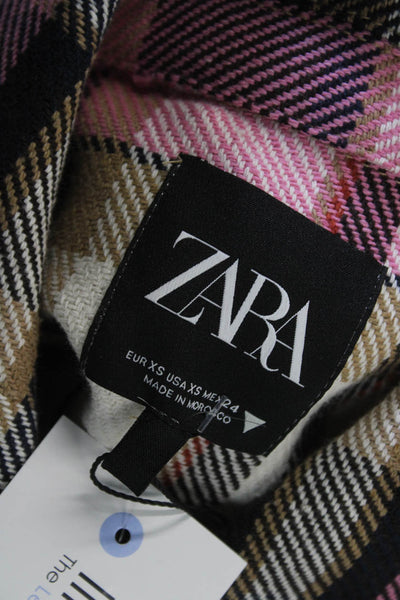 Zara Women Plaid Collared Button Jacket Beige Long Sleeve Size XS