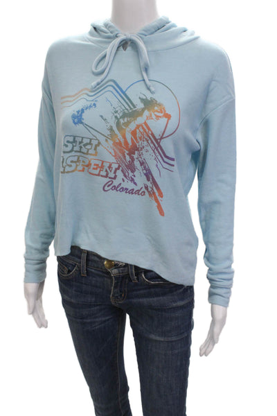 Chaser Womens Pullover Hoodie Light Blue Drawstring Ski Graphic Size S