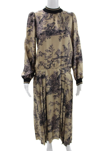 Paola Zuin Women Maxi Dress Beige Silk Crew Neck Long Sleeve Zip Size 40