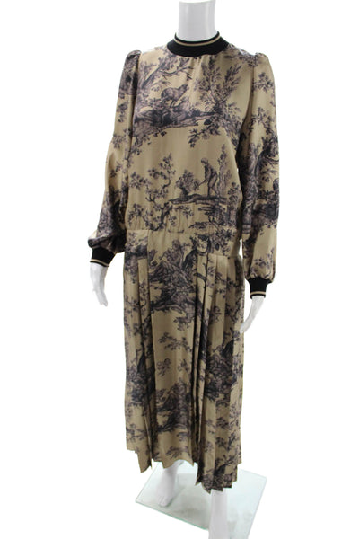 Paola Zuin Women Maxi Dress Beige Silk Crew Neck Long Sleeve Zip Size 40