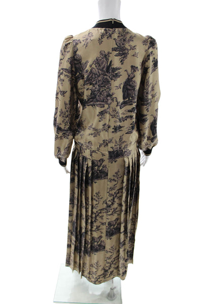 Paola Zuin Women Maxi Dress Beige Silk Crew Neck Long Sleeve Zip Size 40