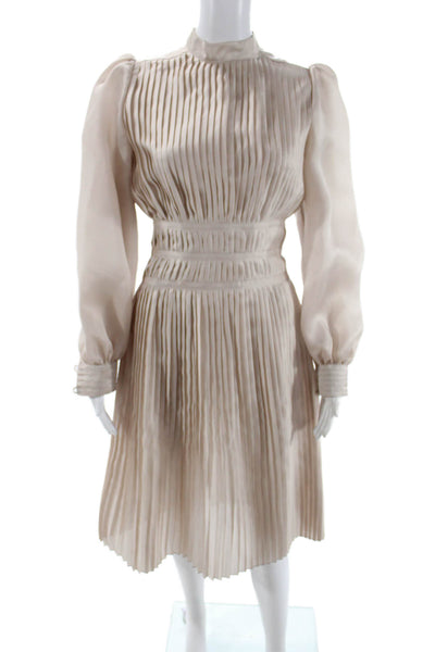 Paola Zuin Womens Fit & Flare Beige Silk High Neck Long Sleeve Dress Size 40