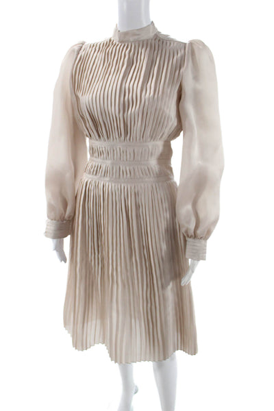 Paola Zuin Womens Fit & Flare Beige Silk High Neck Long Sleeve Dress Size 40