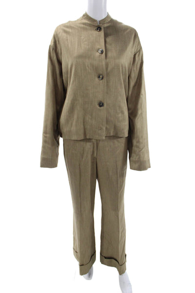 QL2 Unisex 2 Piece Suit Jacket Pants Brown Viscose Bamboo Mock Neck Size 42