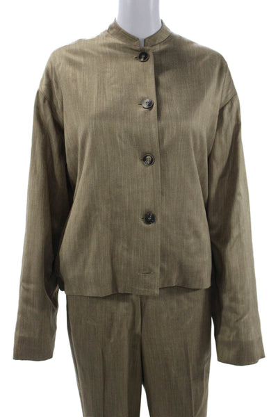 QL2 Unisex 2 Piece Suit Jacket Pants Brown Viscose Bamboo Mock Neck Size 42