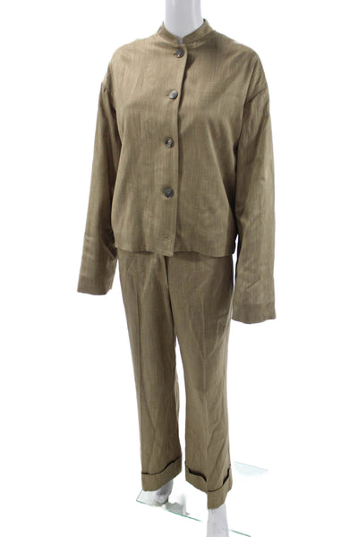 QL2 Unisex 2 Piece Suit Jacket Pants Brown Viscose Bamboo Mock Neck Size 42