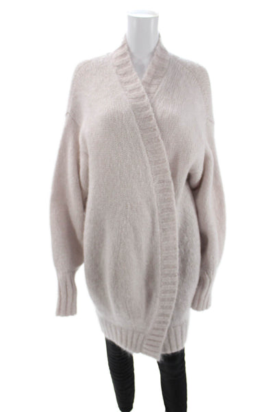 Paola Zuin Unisex Beige Designer Mohair Silk Cardigan Long Sleeve Size L