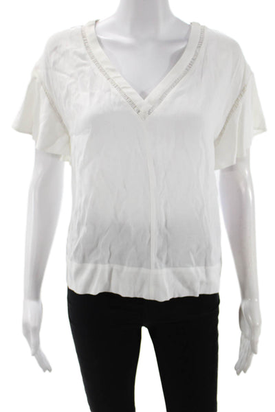Rebecca Taylor Women White V-Neck Short Sleeve Bohemian Rayon Blouse Size 0