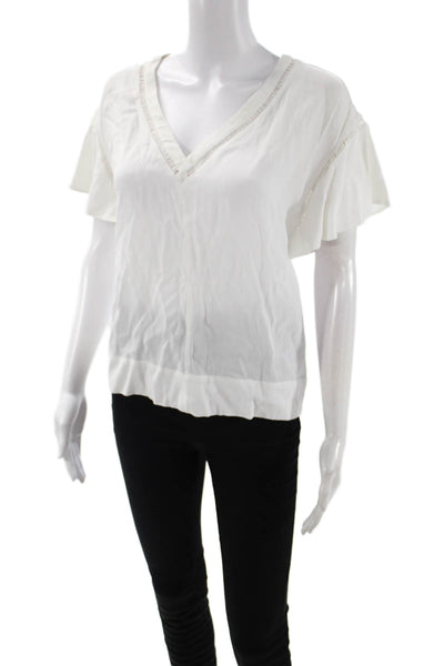 Rebecca Taylor Women White V-Neck Short Sleeve Bohemian Rayon Blouse Size 0