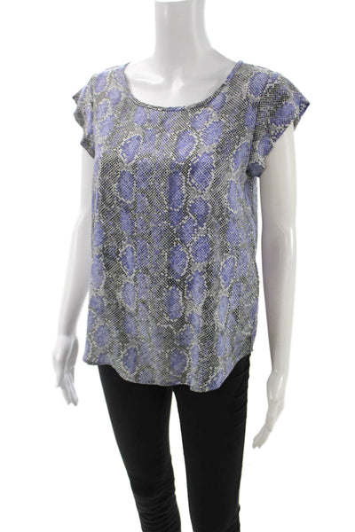 Joie Women Black Silk Snake Print Short Sleeve Round Neck Button Blouse Size XS