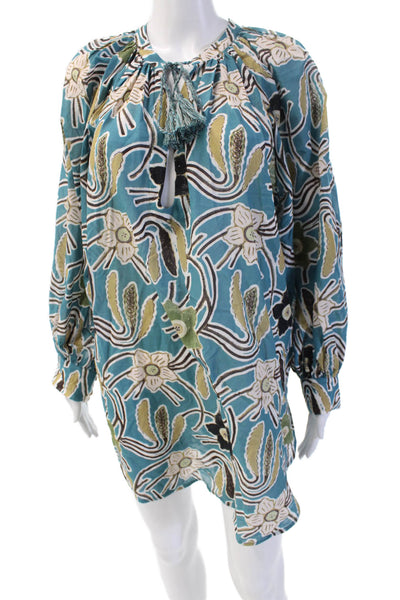 Ulla Johnson Women Kaftan Dress Blue Floral Short Long Sleeve Size PP