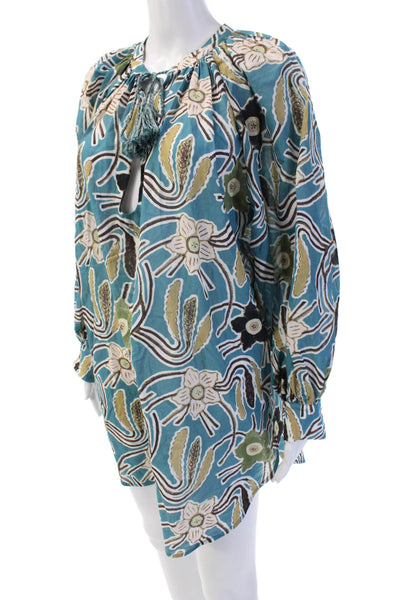 Ulla Johnson Women Kaftan Dress Blue Floral Short Long Sleeve Size PP