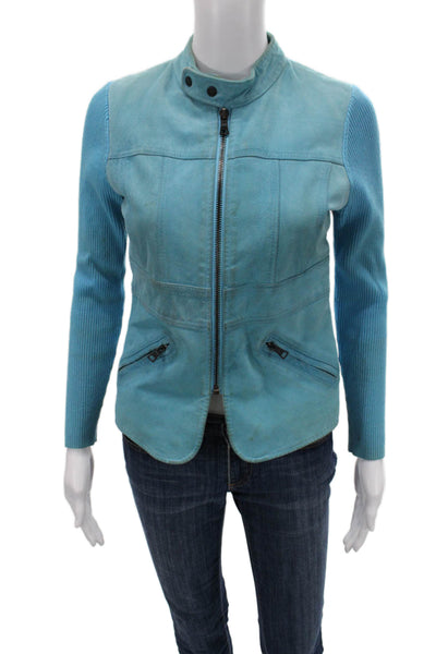One Girl Who Women Motorcycle Jacket Light Blue High Neck Button Size S