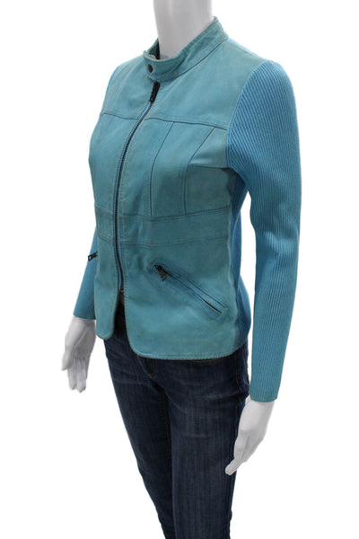 One Girl Who Women Motorcycle Jacket Light Blue High Neck Button Size S