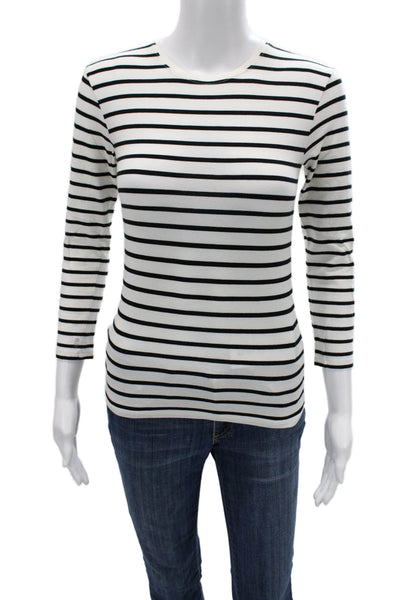 ATM Women Basic Black Pima Cotton Striped Crew Neck 3/4 Sleeve T Shirt Size S