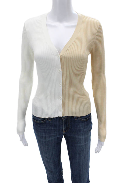 Staud Unisex Cardigan Striped V-Neck Beige Long Sleeve Size XS