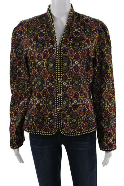 Maggy London Women Blue Silk Paisley V-Neck Blazer Button Long Sleeve Size 10