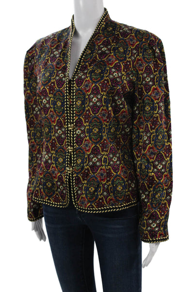 Maggy London Women Blue Silk Paisley V-Neck Blazer Button Long Sleeve Size 10