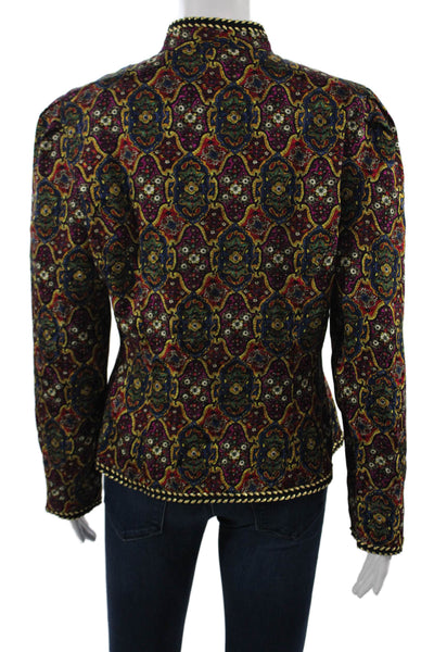 Maggy London Women Blue Silk Paisley V-Neck Blazer Button Long Sleeve Size 10