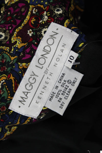 Maggy London Women Blue Silk Paisley V-Neck Blazer Button Long Sleeve Size 10