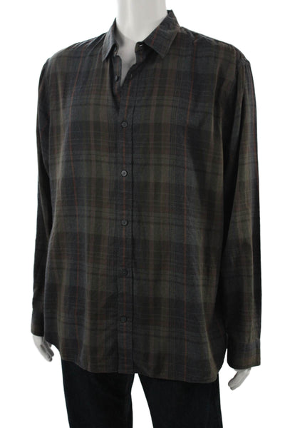 Vince Mens Cotton Collared Plaid Button Down Shirt Gray Size 1X