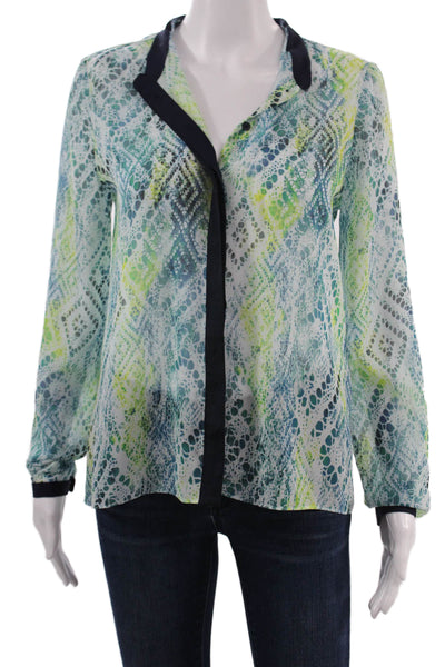 Tahari Women Petite Black Geometric Collar Long Sleeve Button Blouse Size L