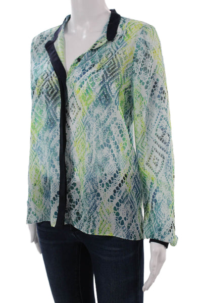 Tahari Women Petite Black Geometric Collar Long Sleeve Button Blouse Size L