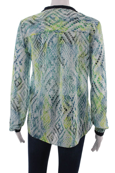 Tahari Women Petite Black Geometric Collar Long Sleeve Button Blouse Size L