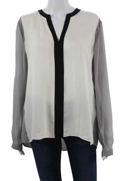 Elie Tahari Women White 100% Silk V-Neck Long Sleeve Blouse Hook & Eye Size M